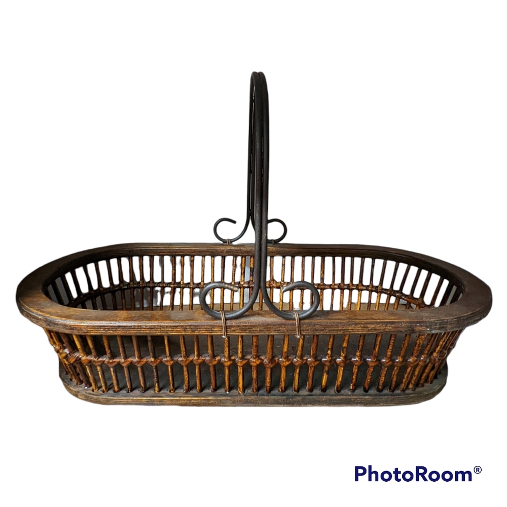 Vnt Wood Basket 19.5”x 8.5”x 4.5" Metal Handle Dark Brown Farmcore Rustic